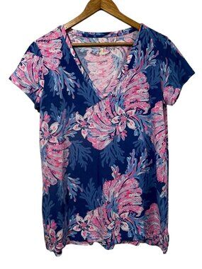 Lilly Pulitzer Meredith Tee Sz S Multi For the Fans V Neck Coastal Beach Preppy